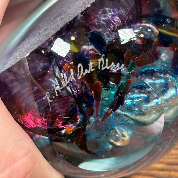 Signed Robert Held Art Glass Paperweight Vintage Studio Glass Orb Purple & Teal - Picture 11 of 12
